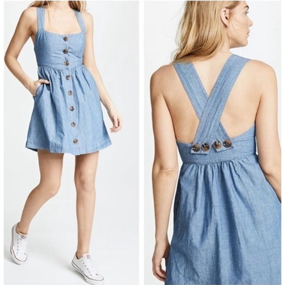 Free People Blue Chambray Carolina Button Front Mini Dress/Jumper Size 2 - Picture 2 of 7